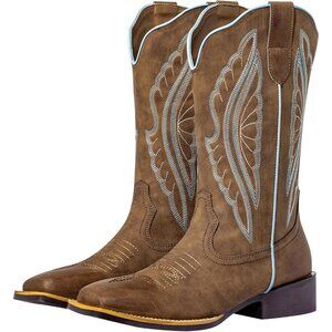 Women's Brown Leather Square Toe Embroidered Knee High Western Cowgirl Boots